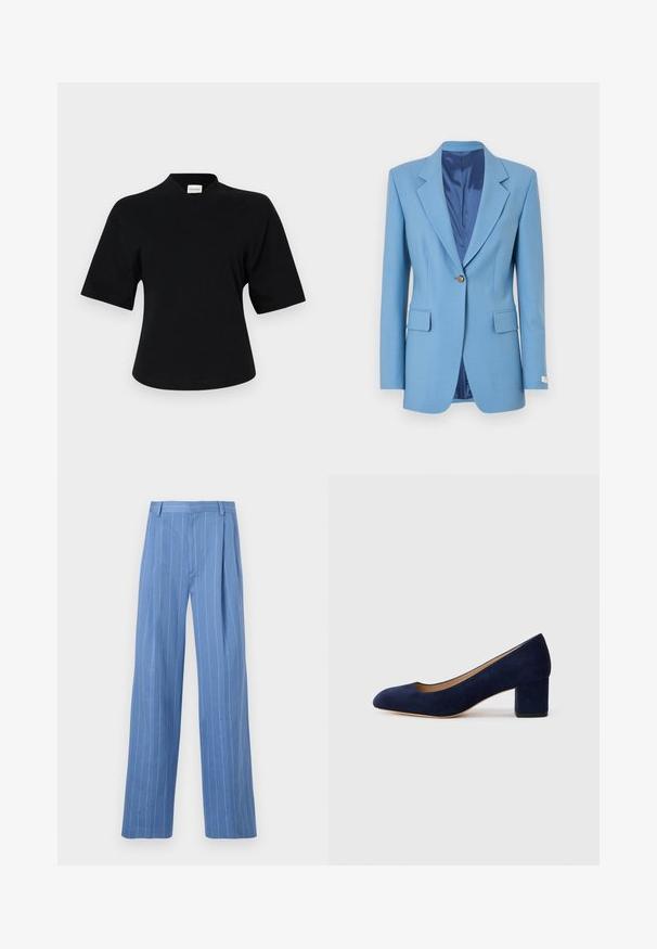 Világoskék blézer, amelynek hajtott gallérja, egy arany gombos záródása, két elülső zsebe és sima selyem bélése van.; Fekete, rövid ujjú felső, V-nyakú kialakítással, puha anyagból készült. Enyhén laza szabása van, és minimalista logó található az elején.; Világoskék, bő szárú nadrág függőleges fehér csíkokkal. Simább anyagból készült, elöl redőzéssel és letisztult derékpánttal rendelkezik.; Tengerészkék velúr, hegyes orrú pumpa, középmagas tömbsarkúval. Simítású felület finom fénylő hatással, elöl egy kis kivágással.