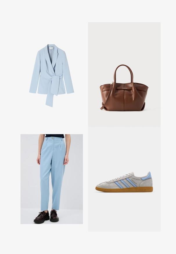Lyseblå blazer lavet af glat stof, med sjalskrave, lange ærmer og en knyttet talje detalje for et tætsiddende look.; Langærmet top i cremefarvet, letvægtsstof. Har en rund halsudskæring og et simpelt, tætsiddende design uden yderligere mønstre eller accenter.; Lysblå, skræddersyede bukser med plisseringer, der har knaplukning og lommer. Sammen med mørke snørebåndssko og en mørk overdel.; Grå ruskinds sneakers med lyseblå striber, gummisål i farven gum og logo detaljer. Lavt design med rund tå og snørelukning.; Brun læderhandtaske med to korte håndtag, en aftagelig skulderrem og et logo-tryk foran. Glat tekstur og struktureret form.