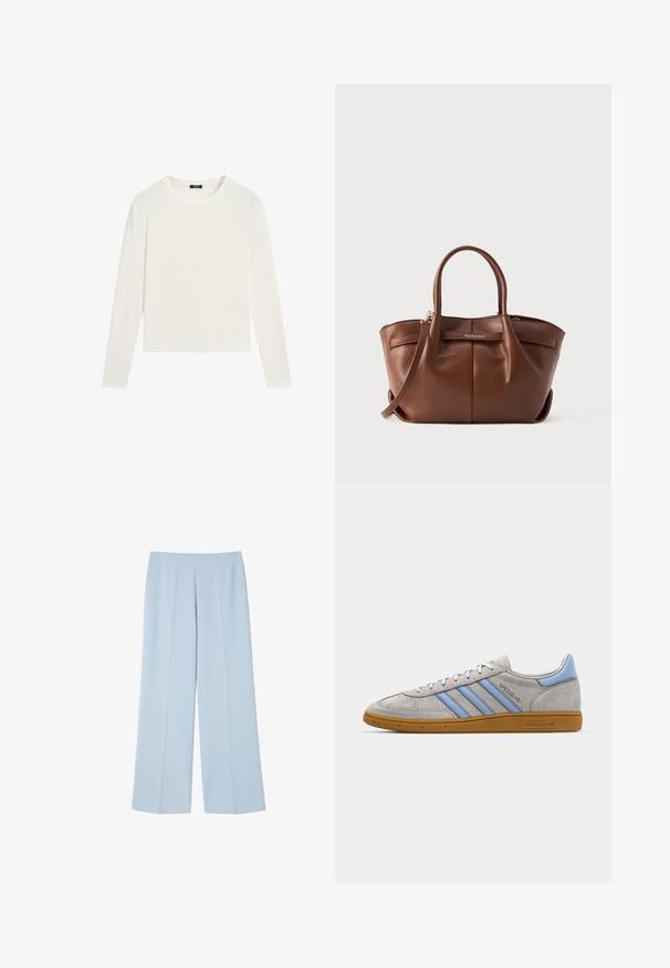 Lichtblauwe blazer van gladde stof, met een schalkraag, lange mouwen en een strikdetail in de taille voor een getailleerde uitstraling.; Langsleeve top in crèmekleurige, lichte stof. Heeft een ronde hals en een eenvoudig, smal ontwerp zonder extra patronen of accenten.; Lichtblauwe wijde lange broek van soepel materiaal; heeft een platte voorkant met plooien voor structuur en geen zichtbare sluitingen.; Grijze suède sneaker met lichtblauwe strepen, rubberen gumzool en logo-accenten. Laag model met ronde neus en vetersluiting.; Bruine leren handtas met twee korte hengsels, een afneembare schouderriem en een logo-accent aan de voorkant. Gladde textuur en gestructureerde vorm.