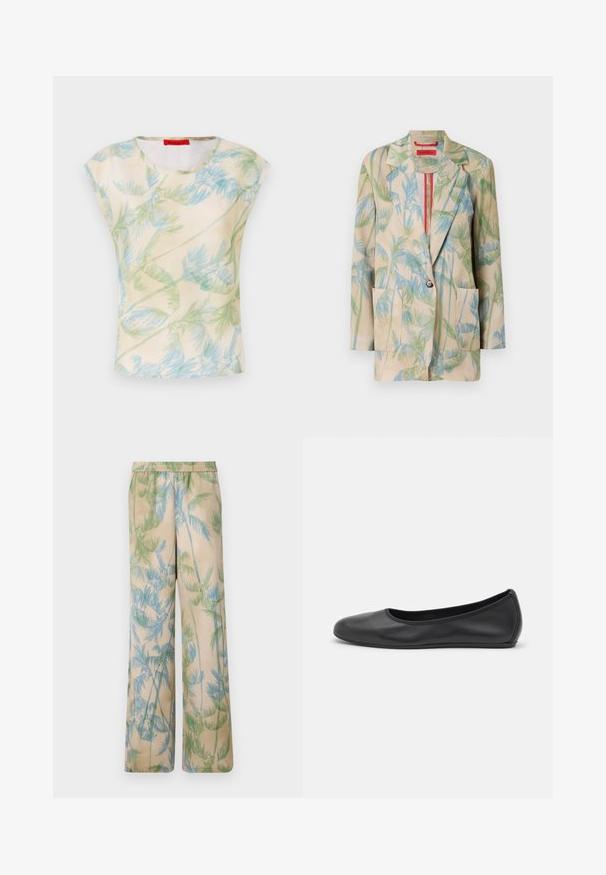Lätt beige blazer med gröna och blå palmbladsmönster, enkelknäppning och två framfickor. Fodrad med en röd accent.; Kortärmad topp i lätt material med en krämfärgad bakgrund som har ett mönster av gröna och blå palmblad. Rund halsringning, avslappnad passform.; Avslappnade byxor i lättviktsmaterial i beige med gröna och blå palmbladstryck, med elastisk midja och vida ben.; Svart läderballerinaskor med rund tå, slät yta, minimala söm detaljer och en flexibel sula.