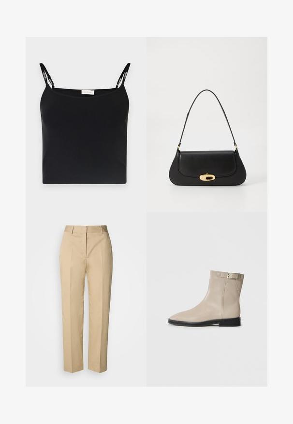 Bijela blazerica s cvjetnim čipkastim uzorkom, zatvaranje na jedan gumb, oštri reveri, dva prednja džepa i detalj s valovitim rubom.; Crna rebrasta majica na tanke naramenice s Calvin Klein oznakom. Jednostavan, uski dizajn s glatkom teksturom i bez dodatnih uzoraka.; Bež hlače ravnog kroja s prorezima za pojas, prednjom nabora i skrivenim zatvaračem, prikazane na svijetloj pozadini.; Bež kožne čizme do gležnja s šiljastim vrhom, crnom potplatom, niskom petom i zlatnom kopčom s vanjske strane, prikazane na bijeloj pozadini.; Crna kožna torba s zakrivljenim dizajnom, zlatnim detaljima i gornjom drškom. Ima elegantno zatvaranje i glatku teksturu.