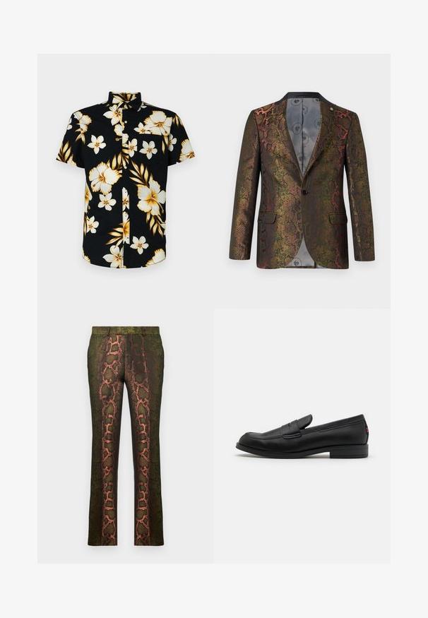 Texturer Blazer mit einem mehrfarbigen Schlangenprint-Muster. Gestaltet mit einem Ein-Knopf-Verschluss und zwei Vordertaschen. Dunkler Kragen.; Kurzarm, schwarzes Hemd mit Knöpfen, das große weiße und goldene Blumenmuster, einen klassischen Kragen und eine Brusttasche auf der linken Seite aufweist.; Grüne gemusterte Hosen mit einem Schlangenmusterdruck in Brauntönen und Orange, gerade geschnitten und mit einer glatten Textur.; Schwarze Lederloafer mit glatter Oberfläche, abgerundetem Zehenbereich und einem kleinen dekorativen Riegel. Ausgestattet mit einem niedrigen, gestapelten Absatz und einem dezenten Markenlogo.