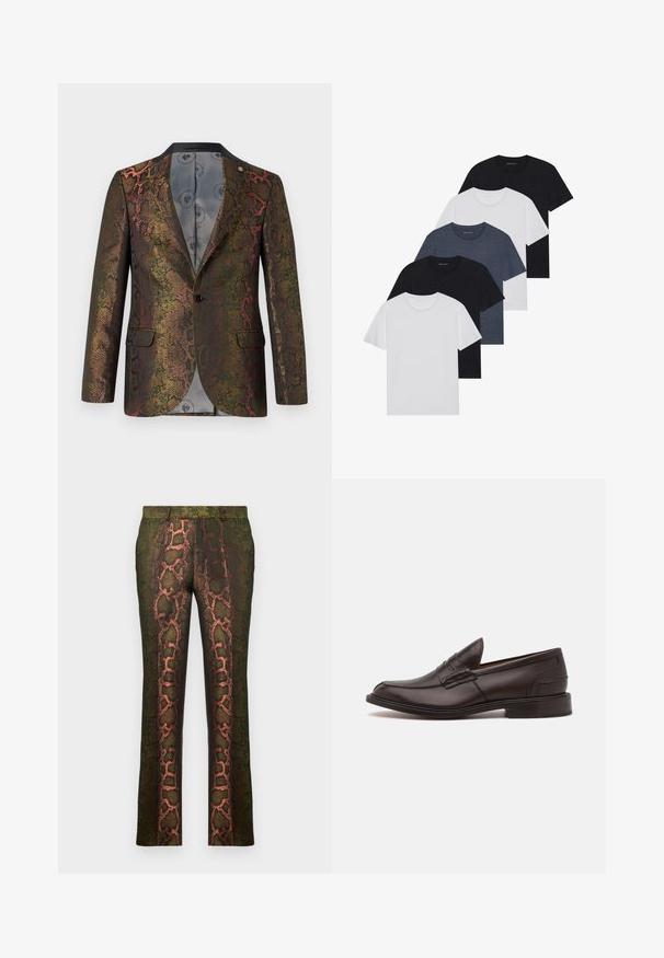 Textured blazer met een multicolor slangmotief. Ontworpen met een enkele knoopsluiting en twee voorzakken. Donkere kraag.; Set van vijf t-shirts in zwart, wit en marineblauw. Katoenen stof, korte mouwen, ronde halsontwerp en een effen textuur zonder patronen.; Groene broek met een slangenprintdesign in bruin en oranje tinten, rechte snit en een gladde textuur.; Tricker's JAMES SOLE FIT - Zakelijke loafers - chesnut burnished