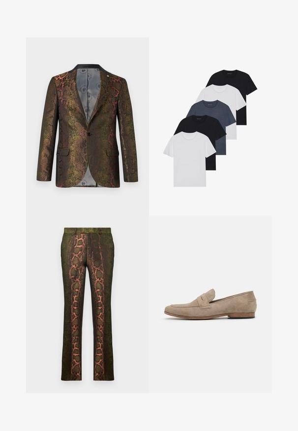 Blazer texturizado con un patrón de estampado de serpiente multicolor. Diseñado con un cierre de un solo botón y dos bolsillos frontales. Cuello oscuro.; Conjunto de cinco camisetas en negro, blanco y azul marino. Tejido de algodón, de manga corta, diseño de cuello redondo y textura lisa sin patrones.; Pantalones verdes con estampado de serpiente en tonos marrones y naranjas, de corte recto y textura suave.; Mocasín de ante beige con costuras mínimas, tacón plano y suela de cuero. Presenta un acento de correa única cerca del vampiro. Silueta plana.