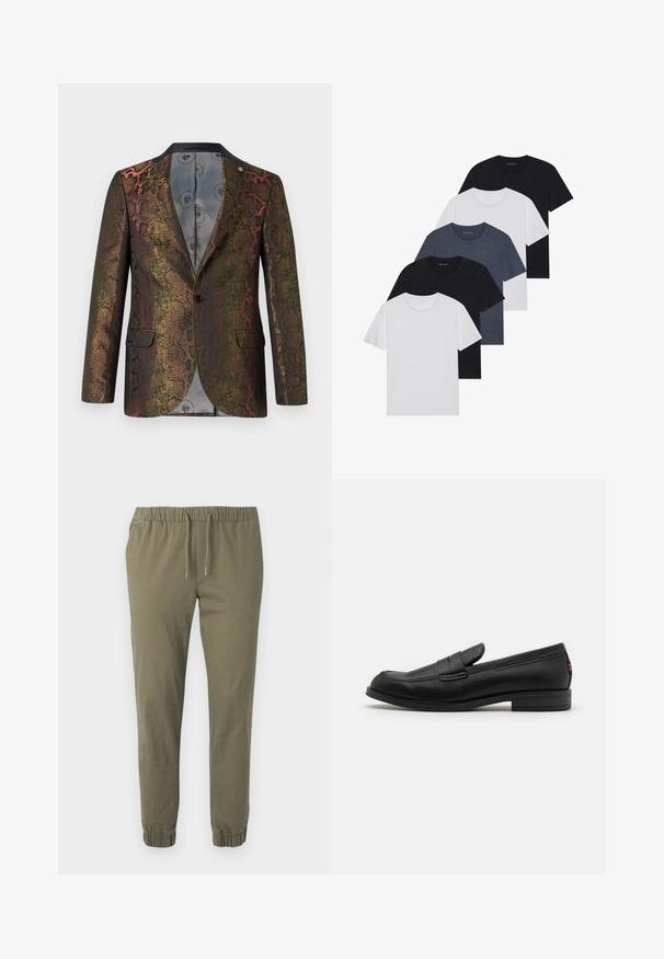 Textured blazer featuring a multicolor snake print pattern. Designed with a single button closure and two front pockets. Dark collar.; Set of five t-shirts in black, white, and navy blue. Cotton fabric, short sleeves, crew neck design, and plain texture with no patterns.; Olive green, tapered pants with an elastic waistband and adjustable drawstring. Features elastic cuffs and a smooth, lightweight fabric.; Black leather loafers with a smooth finish, rounded toe, and a small decorative flap. Features a low stacked heel and subtle branding detail.