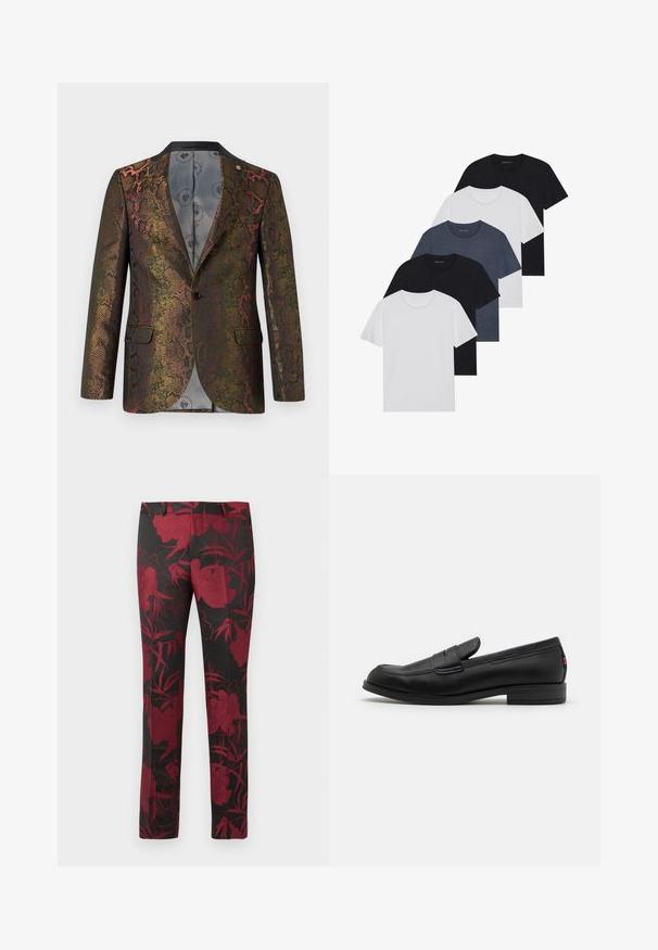 Textúrovaný blejzer s viacfarebným hadím vzorom. Navrhnutý so zapínaním na jeden gombík a dvomi prednými vreckami. Tmavý golier.; Sada piatich tričiek v čiernej, bielej a námorníckej modrej farbe. Bavlnený materiál, krátke rukávy, dizajn s okrúhlym výstrihom a hladká textúra bez vzorov.; Čierne nohavice so kvetinovým vzorom v hlbokej červenej farbe, s hladkou textúrou a upraveným strihom. Štandardný pás a rovný strih nohavíc.; Čierne kožené loafers s hladkým povrchom, zaoblenou špičkou a malým dekoratívnym klapom. Vlastnosti zahŕňajú nízky vrstvený podpätok a decentný branding.