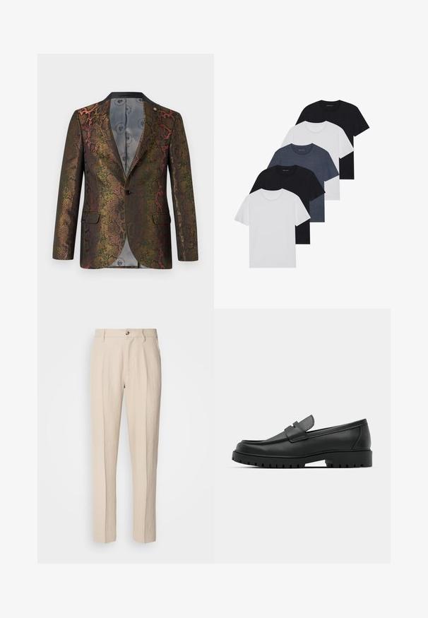 Texturovaný blejzr s multicolor hadím vzorem. Navržen s jedním knoflíkem a dvěma předními kapsami. Tmavý límec.; Sada pěti triček v černé, bílé a námořnické modré barvě. Bavlněná tkanina, krátké rukávy, kulatý límec a hladký povrch bez vzorů.; Béžové kalhoty na míru vyrobené z lehkého materiálu, s rovný fit, dvěma předními kapsami a zapínáním na jeden knoflík.; Černé kožené mokasíny s kulatou špičkou, zdobené prošitím, s nízkou platformou a texturovanou gumovou podrážkou s drážkováním.