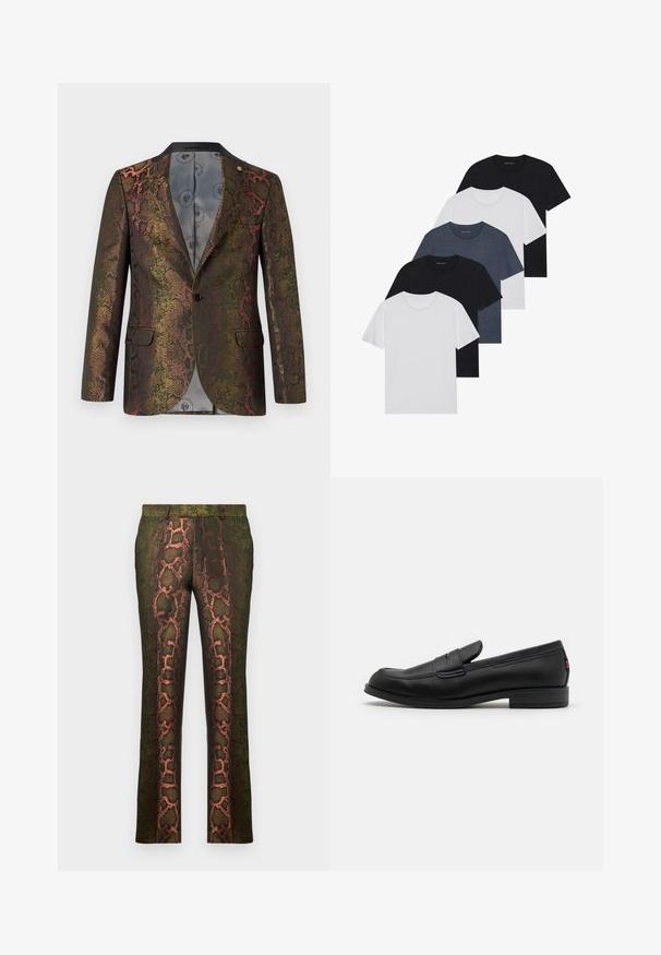 Teksturoidu bleiseri, jossa on monivärinen käärmeennahkakuosi. Suunniteltu yksinkertaisella nappikiinnityksellä ja kahdella etutaskulla. Tumma kaulus.; Viisi t-paitaa mustana, valkoisena ja tummansinisena. Puuvillakankainen, lyhyet hihat, pyöreä kaula-aukko ja yksinkertainen pinta ilman kuvioita.; Vihreät kuvioidut housut, joissa on käärmeennahkakuosiset ruskean ja oranssin sävyt, suorat lahkeet ja sileä pinta.; Mustat nahkaloafersit, joissa on sileä pinta, pyöreä kärki ja pieni koristeellinen läppä. Varustettu matalalla pinotulla korolla ja huomaamattomalla brändityksellä.