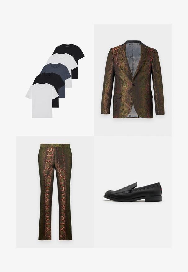 Textured blazer met een multicolor slangmotief. Ontworpen met een enkele knoopsluiting en twee voorzakken. Donkere kraag.; Set van vijf t-shirts in zwart, wit en marineblauw. Katoenen stof, korte mouwen, ronde halsontwerp en een effen textuur zonder patronen.; Groene broek met een slangenprintdesign in bruin en oranje tinten, rechte snit en een gladde textuur.; Zwarte leren instappers met een gladde afwerking, ronde neus en een kleine decoratieve flap. Heeft een lage gestapelde hak en een subtiel merkteken.