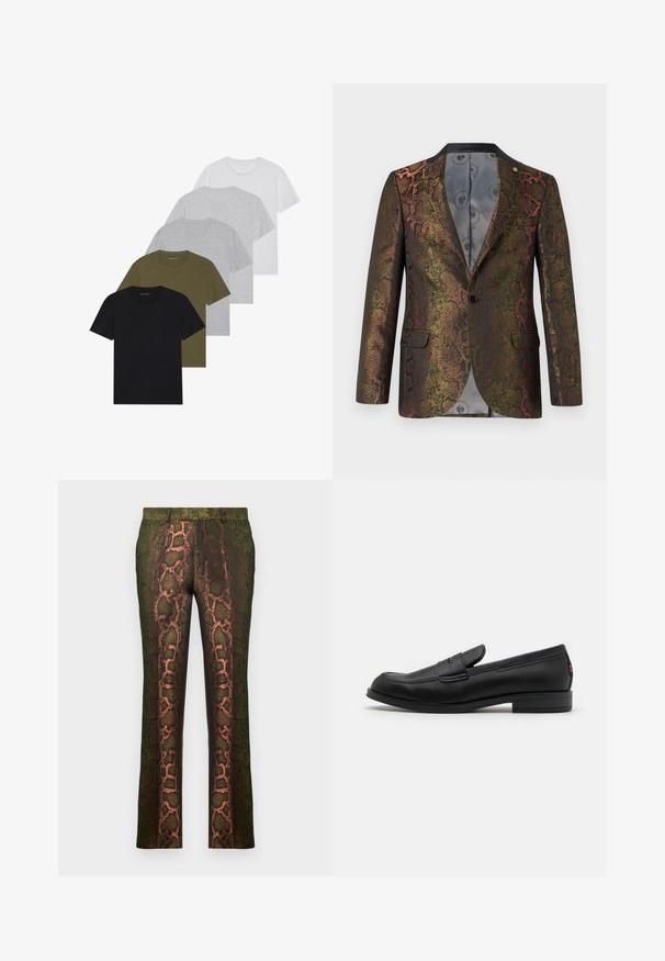 Texturovaný blejzr s multicolor hadím vzorem. Navržen s jedním knoflíkem a dvěma předními kapsami. Tmavý límec.; Pět pánských triček s kulatým výstřihem v černé, olivové, světle šedé, tmavě šedé a bílé barvě. Vyrobena z měkké tkaniny s krátkými rukávy a volným střihem.; Zelené kalhoty s potiskem hada v odstínech hnědé a oranžové, rovného střihu a hladké textury.; Černé kožené mokasíny s hladkým povrchem, kulatou špičkou a malým dekorativním klopou. Mají nízký stočený podpatek a decentní branding.
