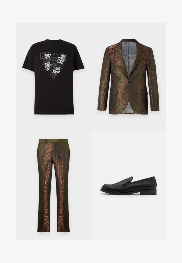 Kareda jope, millel on mitmevärviline maomuster. Üksiknupuga kinnitatav ja kahte eesmist taskut sisaldav disain. Tume krae.; Must musta t-särk, millel on kolmnurkne logo helesinise ja valge lillesegmendiga. Lühikesed varrukad ja tavaline lõige.; Roheline mustriga püksid, millel on madu trükk pruunide ja oranžide varjunditega, sirge lõikega ja siledast tekstuurist.; Mustad mustad nahast loaferid siledast viimistlusest, ümmargune nina ja väike dekoratiivne klapp. Omab madalat kokkupandud kontsa ja diskreetset brändingut.