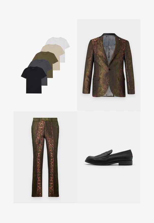 Texturovaný blejzr s multicolor hadím vzorem. Navržen s jedním knoflíkem a dvěma předními kapsami. Tmavý límec.; Pět triček s kulatým výstřihem uspořádaných v gradientu: černá, tmavě šedá, olivově zelená, béžová a bílá. Vyrobena z jemné, prodyšné látky.; Zelené kalhoty s potiskem hada v odstínech hnědé a oranžové, rovného střihu a hladké textury.; Černé kožené mokasíny s hladkým povrchem, kulatou špičkou a malým dekorativním klopou. Mají nízký stočený podpatek a decentní branding.