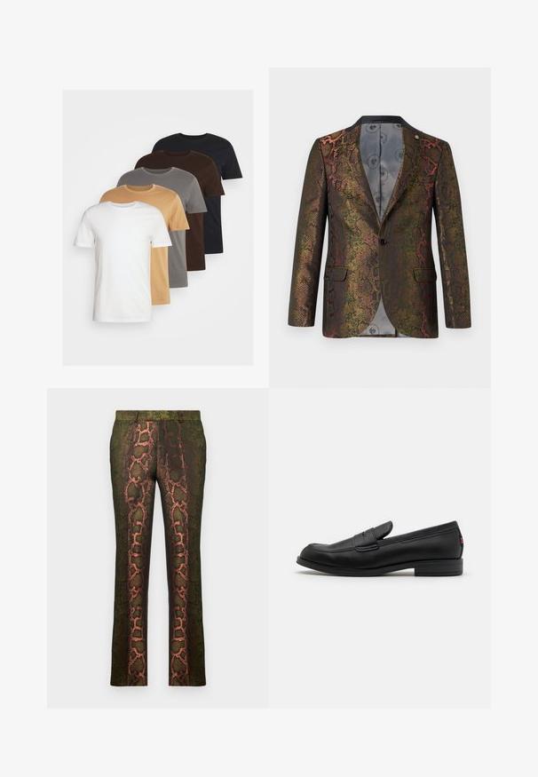 Blazer con texture che presenta un motivo a stampa serpente multicolore. Progettato con chiusura a un bottone e due tasche frontali. Collo scuro.; Cinque t-shirt a collo rotondo in bianco, beige, grigio, marrone e nero. Maniche corte, vestibilità standard, realizzate in morbido cotone.; Pantaloni verdi a fantasia con motivo a pelle di serpente in tonalità di marrone e arancione, taglio dritto e texture liscia.; Mocassini in pelle nera con finitura liscia, punta arrotondata e una piccola pattina decorativa. Presentano un tacco basso e impilato e un sottile dettaglio di branding.