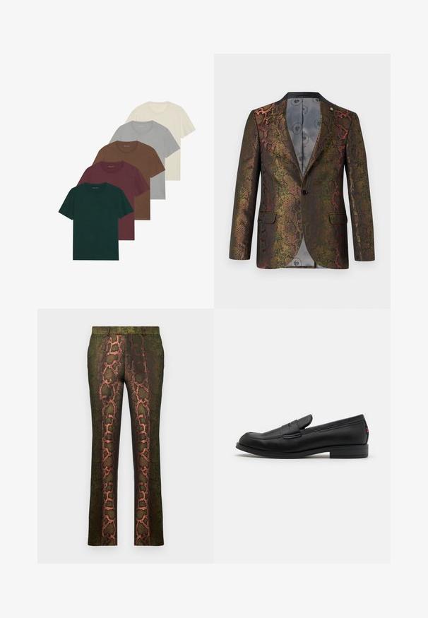 Texturovaný blejzr s multicolor hadím vzorem. Navržen s jedním knoflíkem a dvěma předními kapsami. Tmavý límec.; Pět triček s kulatým výstřihem v různých barvách: tmavě zelená, burgundská, hnědá, světle šedá a krémová; všechna mají krátké rukávy a hladkou texturu.; Zelené kalhoty s potiskem hada v odstínech hnědé a oranžové, rovného střihu a hladké textury.; Černé kožené mokasíny s hladkým povrchem, kulatou špičkou a malým dekorativním klopou. Mají nízký stočený podpatek a decentní branding.