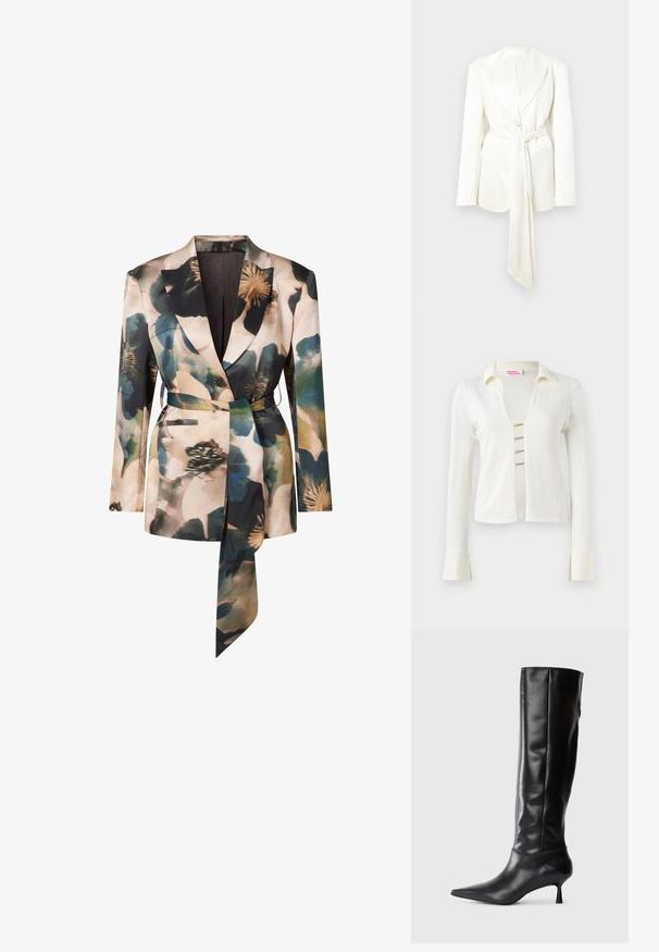 Blazer bianco sartoriale con chiusura a un solo bottone, maniche lunghe e dettaglio cintura abbinata. Tessuto liscio e opaco; senza motivi visibili.; Cardigan a maniche lunghe color crema con scollatura a V, tre chiusure decorative frontali e polsini con dettaglio a fessura.; Blazer con motivo floreale in tessuto morbido, caratterizzato da una vita aderente con cintura, rever a lancia e due tasche frontali in colori tenui.; Stivale in pelle nera alto fino al ginocchio con punta affusolata e tacco sottile e curvato. Texture liscia, design aderente e senza hardware o motivi visibili.
