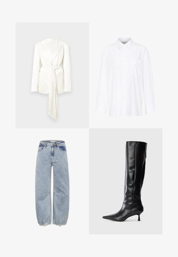 Bijeli krojeni sako s jednim gumbom za zatvaranje, dugim rukavima i detaljem odgovarajućeg pojasa. Glatka, mat tkanina; bez vidljivih uzoraka.; Bijela košulja dugih rukava s kragnom, izrađena od pamuka. Ima kopčanje s gumbima sprijeda i jednu džep na prsima. Glatka tekstura, ležeran kroj.; Svijetloplavi traperice s opuštenim krojem, koje imaju izlizane rubove i detalje od križnog šivanja za dodatnu teksturu i interes dizajna.; Crna kožna čizma do koljena s oštrim vrhom i uskim zakrivljenim petama. Glatka tekstura, prilagođeni dizajn i bez vidljivih dodataka ili uzoraka.
