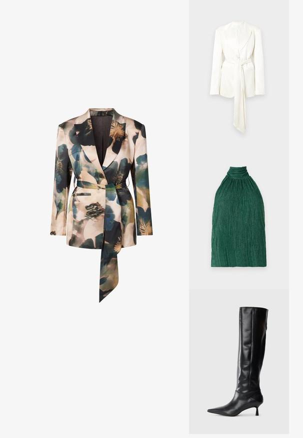 Witte, op maat gemaakte blazer met een enkele knoopsluiting, lange mouwen en een bijpassende ceintuurdetail. Glad, matweefsel; geen zichtbare patronen.; Groene geplooide top met een hoge hals. Gemaakt van textuurstof, met een verzameld ontwerp en verticale ribbels voor extra diepte.; Blazer met bloemenpatroon van zachte stof, voorzien van een getailleerde taille met ceintuur, ingezette revers en twee voorzakken in gedempte kleuren.; Zwarte leren kniehoge laars met een spitse neus en slanke gebogen hak. Gladde textuur, aansluitend ontwerp en geen zichtbare hardware of patronen.