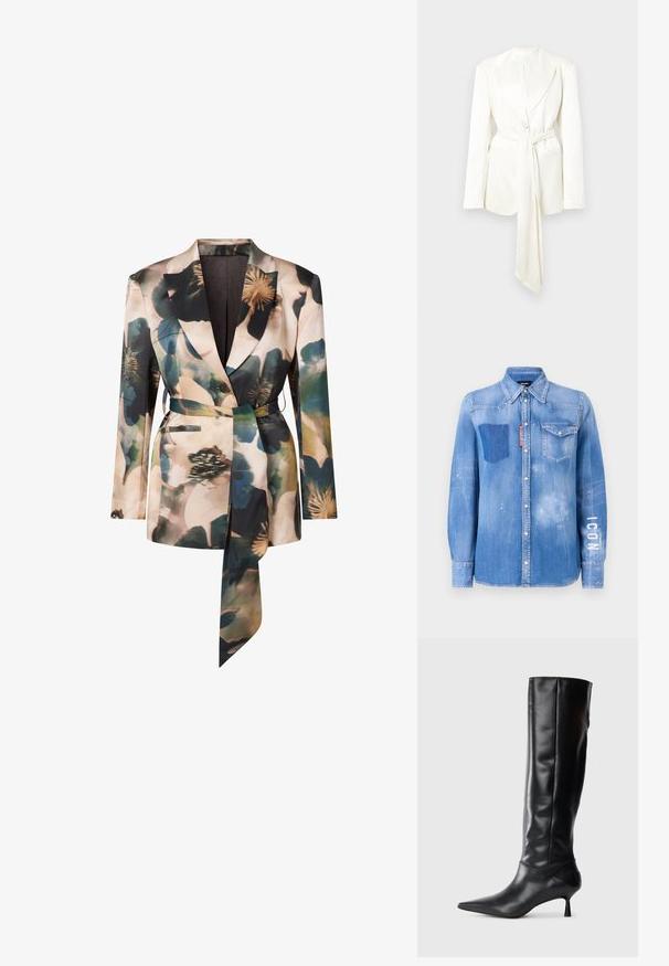 Blazer bianco sartoriale con chiusura a un solo bottone, maniche lunghe e dettaglio cintura abbinata. Tessuto liscio e opaco; senza motivi visibili.; Camicia in denim azzurra con finitura sbiadita. Presenta una tasca applicata, colletto button-down e testo bianco "ICON" sulla manica.; Blazer con motivo floreale in tessuto morbido, caratterizzato da una vita aderente con cintura, rever a lancia e due tasche frontali in colori tenui.; Stivale in pelle nera alto fino al ginocchio con punta affusolata e tacco sottile e curvato. Texture liscia, design aderente e senza hardware o motivi visibili.
