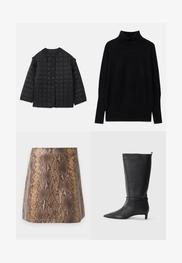 Black quilted jacket with a rounded neckline, long sleeves, and front button closure. Features square stitching and a textured fabric.; Black turtleneck sweater made of soft fabric, featuring ribbed accents at the collar and cuffs, with a relaxed fit and side slits.; Brown snake-print mini skirt made of faux leather, featuring a smooth texture, fitted silhouette, and subtle seam detailing.; Black leather knee-high boot with a pointed toe, accented by a circular strap around the ankle and a low, tapered heel. Smooth texture.