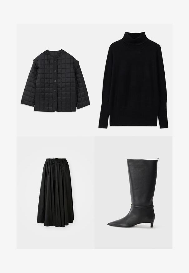 Veste matelassée noire avec un col rond, des manches longues et une fermeture à boutons à l'avant. Présente des coutures carrées et un tissu texturé.; Pull à col roulé noir en tissu doux, avec des accents côtelés au niveau du col et des poignets, coupe décontractée et fentes sur les côtés.; Jupe noire, longueur cheville en tissu léger. Dotée d'une taille froncée avec un cordon de serrage pour un ajustement réglable et d'une silhouette évasée.; Botte noire en cuir, montant jusqu'au genou, avec un bout pointu, accentuée par une sangle circulaire autour de la cheville et un petit talon effilé. Texture lisse.