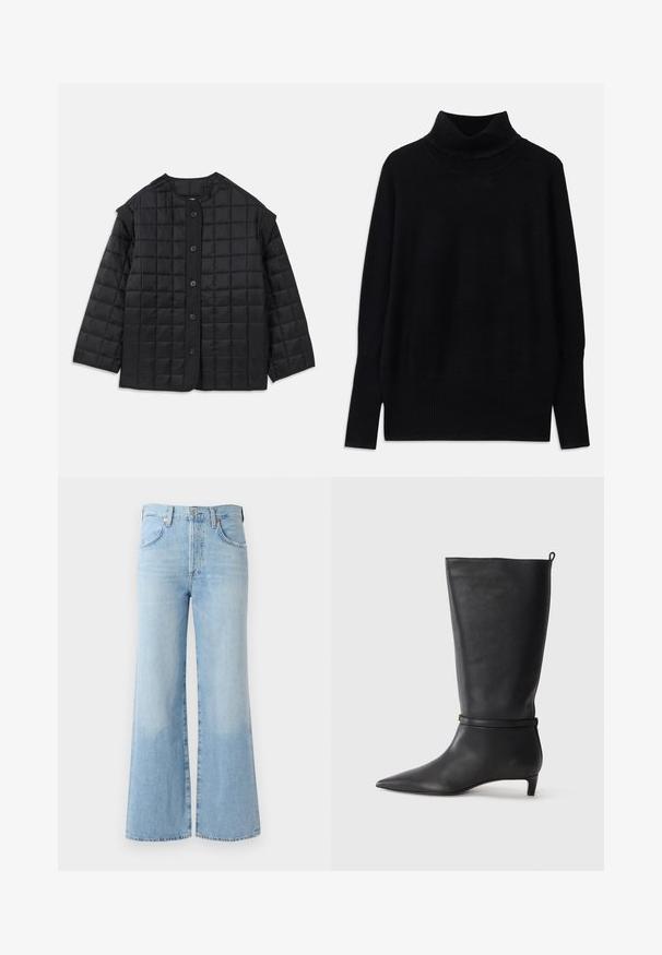 Crna quilted jakna s okruglim izrezom, dugim rukavima i prednjim zatvaranjem na kopčanje. Ima kvadratno prošivenje i teksturiranu tkaninu.; Crni pulover s visokim ovratnikom izrađen od mekog materijala, s rebrastim detaljima na ovratniku i manžetama, s opuštenim krojem i bočnim prorezima.; Svijetloplavi traper flared traperice s visokim strukom, pet džepova i suptilnim izblijeđenjem blizu rubova. Imaju standardni pojas i zatvaranje na dugme.; Crne kožne čizme visine do koljena s izduženim prstima, ukrašene okruglom trakom oko gležnja i niskom, suženom petom. Glatka tekstura.