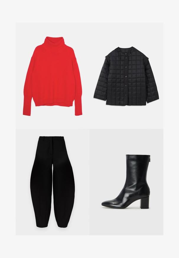 Fekete steppelt dzseki kerek nyakkivágással, hosszú ujjal és elülső gombos záródással. Négyzetes varrás és texturált szövet jellemzi.; Piros kötött garbó pulóver laza fazonnal, hosszú ujakkal, bordázott mandzsettákkal és hemmel. Sima textúrájú és egyszínű.; Fekete, bő szárú nadrág magas derékkal, pliszírozott elülső résszel és szűkített bokával. Simább anyagból készült, matt felülettel.; Fekete bőr bokacipő hegyes orral és 4 cm-es blokkfallal. Simán díszített designja oldalra nyíló cipzárral rendelkezik, ami megkönnyíti a felvételt. Simább textúrával.