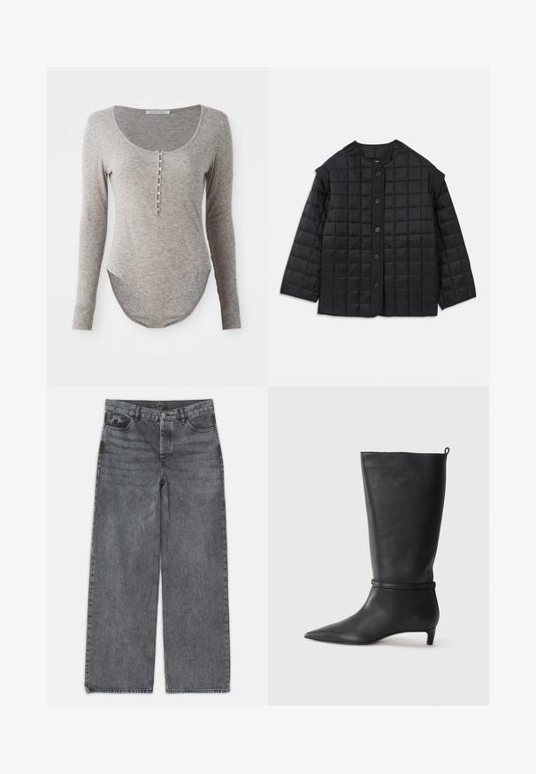 Zwarte gewatteerde jas met een ronde halslijn, lange mouwen en een knoopsluiting aan de voorkant. Kenmerkt zich door vierkante stiknaden en een gestructureerde stof.; Lange mouw bodysuit van zacht grijs stof, met een ronde halslijn, knoopsluiting en een gebogen zoom voor een perfecte pasvorm.; Wijdere jeans in donkergrijs denim. Kenmerken zijn een hoge taille, vijf zakken en een sluiting met een knoop aan de voorkant. Glad textuur met subtiele vervaging.; Zwarte leren kniehoog laars met een spitse neus, accentueert door een ronde band rond de enkel en een lage, taps toelopende hak. Glad textuur.