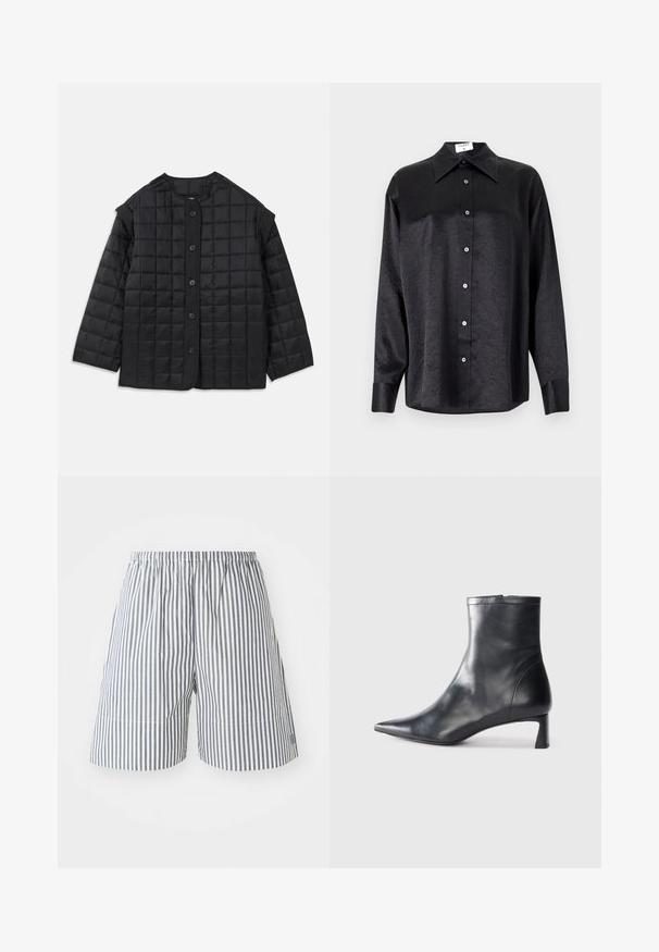 Mustlehvaga musta värvi tikandiga jope, millel on ümmargune kaelus, pikad varrukad ja ees nuppudega sulgemine. Omab ruudukujulist tikandit ja tekstuurset kangast.; Musta pikemate varrukatega särk, millel on krae ja kortsus tekstuur, täispikk nööpidega eesmine osa ja varrukate mansetid. Valmistatud siledast kangast.; Sinine-valged triibulised lühikesed püksid, valgest puuvillast, elastsest vöökohtaga ja vabalt langemisega. Keskmise reie pikkus, peente õmbluse detailidega.; Mustad mustall nahkasaabas terava nina ja stiilse disainiga. Omab madalat konts ja luku sulgemist taga. Sile tekstuur.