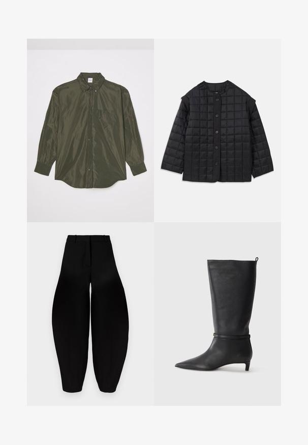 Giacca nera trapuntata con scollatura arrotondata, maniche lunghe e chiusura frontale con bottoni. Presenta cuciture quadrate e un tessuto testurizzato.; Camicia a maniche lunghe di un verde oliva scuro, realizzata in tessuto lucido, con chiusura a bottoni frontale, colletto a punta e taschino sul petto.; Pantaloni neri a gamba larga con vita alta, fronte plissettato e caviglie affusolate. Realizzati in tessuto liscio con finitura opaca.; Stivale in pelle nera alta fino al ginocchio con punta affusolata, adornato da una fascia circolare attorno alla caviglia e un tacco basso e conico. Texture liscia.