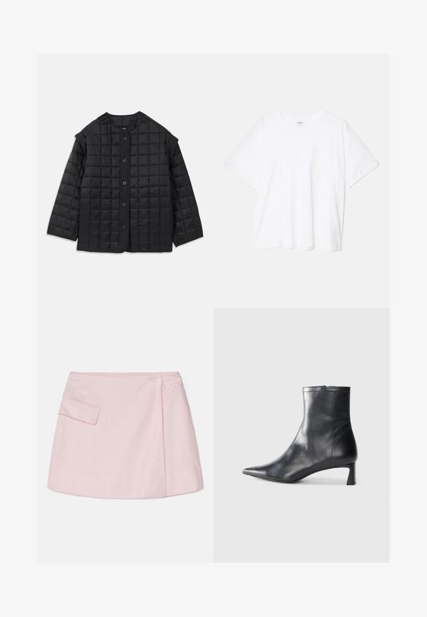 Fekete steppelt dzseki kerek nyakkivágással, hosszú ujjal és elülső gombos záródással. Négyzetes varrás és texturált szövet jellemzi.; Fehér pamut póló rövid ujjal, kerek nyakkivágással, laza fazonnal és varrott szegéllyel. Címke látható a belső nyakrészén.; Rózsaszín len mini szoknya ívelt aljjal, oldalsó zsebből és egy gombos záródással a derékrészen. Sima textúrájú és egyszerű dizájnú.; Fekete bőr bokacsizma hegyes orral és letisztult dizájnnal. Alacsony sarka és hátsó cipzáras záródása van. Simának tűnő textúra.