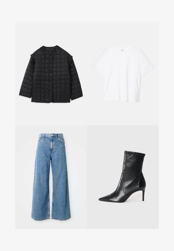 Crna quilted jakna s okruglim izrezom, dugim rukavima i prednjim zatvaranjem na kopčanje. Ima kvadratno prošivenje i teksturiranu tkaninu.; Bijela pamučna majica s kratkim rukavima, okruglim izrezom, opuštenim krojem i šivenim rubom. Etiketa je vidljiva na unutarnjoj strani vrata.; Svijetloplavi traperice s visokim strukom i širokim nogavicama, s prednjim gumbom, zatvaranjem na patentni zatvarač i prednjim džepovima na bijeloj pozadini.; Crne gležnjače od glatke kože, s uskim vrhom, prilagođenom cijevi i tankim visokim potpeticama. Minimalistički dizajn bez vidljivih metalnih dijelova.