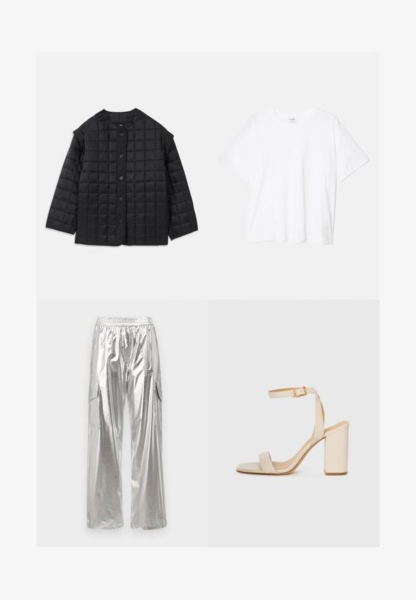Melna quiltota jaka ar noapaļotu kakla izgriezumu, garām piedurknēm un priekšējo pogu aizdari. Iespējas ar kvadrātveida stūriem un teksturētu audumu.; Balta kokvilnas T-krekls ar īsām piedurknēm, apaļu dekoltē, brīva piegriezuma un šūtu apakšmalu. Etiķete redzama iekšējā kakla daļā.; MCM METALLIC PANTS - Armijas stila bikses - silver; Bežīgas augstpapēžu sandales ar kvadrātu purngalu, plānu potītes siksnu un blokveida papēdi. Gluda ādas tekstūra ar zelta sprādzi.