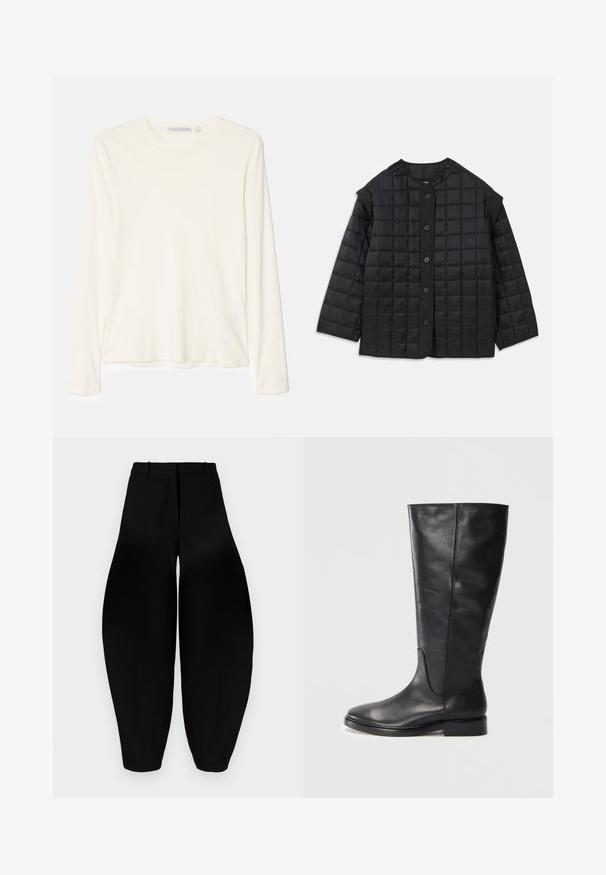 Black quilted jacket with a rounded neckline, long sleeves, and front button closure. Features square stitching and a textured fabric.; Tiger of Sweden MILLAN - Long sleeved top - seashell; Black wide-leg trousers with a high waist, pleated front, and tapered ankles. Made from smooth fabric with a matte finish.; Black knee-high leather boot with a low heel and rounded toe, showing stitching details along the shaft and vamp.