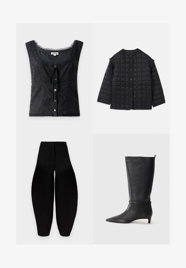 Fekete steppelt dzseki kerek nyakkivágással, hosszú ujjal és elülső gombos záródással. Négyzetes varrás és texturált szövet jellemzi.; Fekete ujjatlan felső virágmotívummal, kerek nyakkivágással, gombos záródással és csipke díszítéssel. Elöl megkötős rész található.; Fekete, bő szárú nadrág magas derékkal, pliszírozott elülső résszel és szűkített bokával. Simább anyagból készült, matt felülettel.; Fekete bőr, térd fölé érő csizma, hegyes orral, kör alakú pánttal a bokán és alacsony, keskeny sarkú. Simára csiszolt textúra.