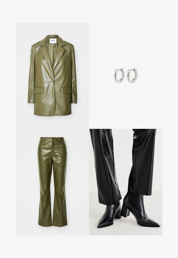 Olive green faux leather blazer with a notched lapel, single button closure, two front pockets, and a sleek, smooth texture.; Two camisoles: one beige and one black. Both have thin straps, a fitted design, and a soft, smooth texture.; Olive green faux leather pants with a crocodile texture, featuring a fitted waist and flared legs. The material has a glossy finish.; RAID NEMMA - Classic ankle boots - black metallic; Silver hoop earrings with a polished finish, featuring a circular design and seamless hinges, displaying a smooth texture.
