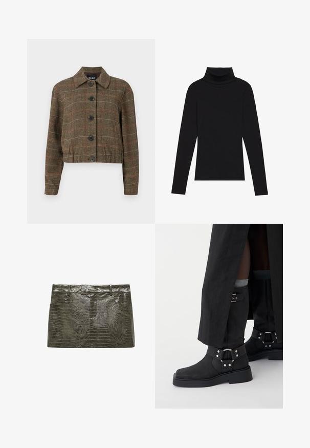 Bruine houndstooth cropped jasje met een kraag, zes zwarte knopen en contrasterende rode en beige lijnen door de geweven structuur.; Zwarte turtleneck met lange mouwen, gemaakt van ribbelstof, heeft een aansluitend ontwerp met een hoge hals en geen patronen of accenten.; Groene faux leren rok met een krokodillenstructuur, voorzien van een vlakke voorkant, riemlussen en twee zijzakken. Korte, rechte stijl.; Zwarte enkellaarzen van leer met een matte afwerking, een vierkante neus en decoratieve gespen. De zool is chunky en textuur aangebracht.