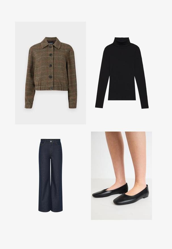 Smeđi houndstooth kratki jakni s kragnom, šest crnih dugmadi i kontrastnim crvenim i bež linijama kroz woveni uzorak.; Crna turtleneck majica dugih rukava, napravljena od rebraste tkanine, ima uski kroj s visokim ovratnikom i bez uzoraka ili dekoracija.; Široke tamne traperice s visokim strukom, vidljivim detaljima šivanja u kontrastnoj zlatnoj boji, te prednjim i stražnjim džepovima. Klasičan dizajn s pet džepova.; Crne baletanke od glatke kože s zaobljenim vrhom i niskom, ravnom potplatom, s dizajnom za obuvanje i bez vidljivih dijelova hardvera.