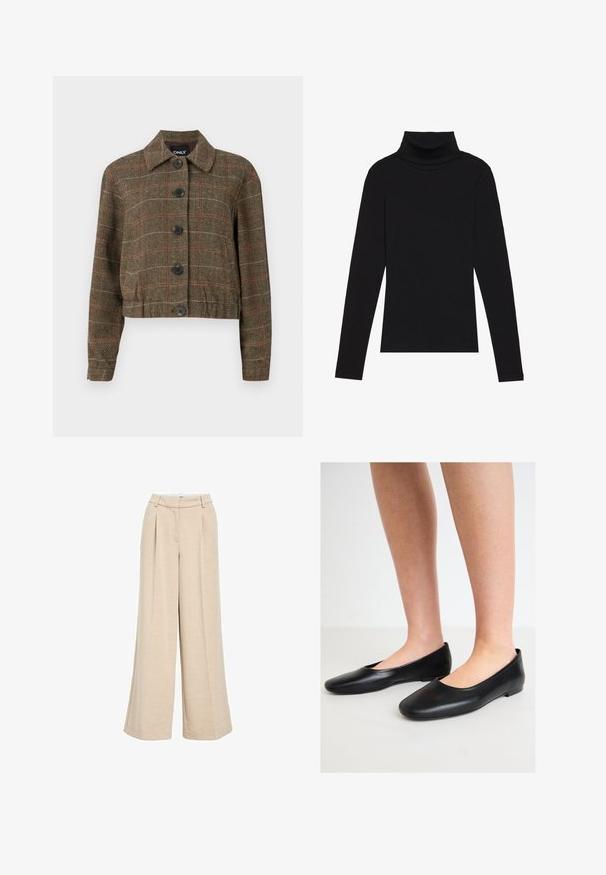 Hnědá kostkovaná zkrácená bunda s límečkem, šesti černými knoflíky a kontrastními červenými a béžovými pruhy po celé tkanině.; Černý rolák s dlouhým rukávem, vyrobený z žebrované látky, má upnutý střih s vysokým výstřihem a žádné vzory ani akcenty.; Světle béžové kalhoty s širokými nohavicemi vyrobené z texturované tkaniny, s vysokým pasem, předními sklady a bočními kapsami pro větší funkčnost.; Černé baletky vyrobené z hladké kůže, s kulatou špičkou a nízkou, plochou podrážkou, s designem na nazouvání a bez viditelného kovového zapínání.