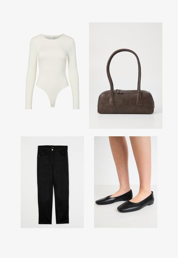 Ruskea houndstooth-kroppijakku, jossa on kaulus, kuusi mustaa nappia ja kontrastiväriä punaisia ja beigejä viivoja kudotussa rakenteessa.; Pitkähihainen bodysuit vaaleancremestä, valmistettu sileästä kankaasta. Sisältää pyöreän pääntien ja thong-tyylisen alaosan, jolla on tiukka siluetti eikä kiinnityksiä.; Mustat farkut suoran leikkauksen, keskikorkean vyötärön, viiden taskun ja etunappi kiinnityksen kanssa. Suzhouhdas rakenne, ei näkyviä kuvioita.; Musta balettikenkä, joka on valmistettu sileästä nahasta, pyöreällä varvassaralla ja matalalla, litteällä pohjalla. Kengissä on helppo pukea ja niissä ei ole näkyvää metalliosaa.; Ruskea nahkalaukku, jossa on kaksi tukevasti kantavaa kahvaa, suorakaiteen muotoinen, sileä pinta ja vetoketjukiinnitys. Minimalistinen muotoilu ilman näkyviä kuvioita.