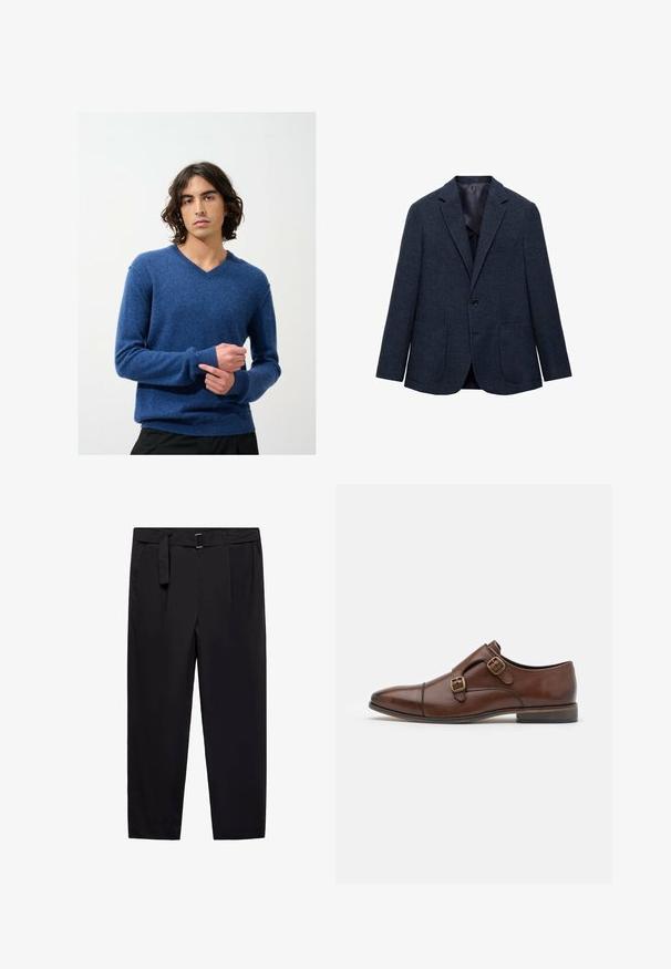 Tummansininen bleiseri, jossa on teksturoitu kangas, yksi nappisuljenta, huolitellut kaulukset ja kaksi etupussia. Vuorattu sisus.; Sininen V-aukko neulepusero, joka on valmistettu pehmeästä kudotusta materiaalista, jossa on koristekudotut hihansuut ja helma; malli käyttää sitä sisätiloissa yksinkertaista taustaa vasten.; Mustat housut suoraan istuvalla leikkauksella, vyölenkit ja irrotettava vyö. Silkkinen kangas, jossa on sivutaskut eikä näkyviä kuvioita tai metalliosia.; Ruske kožne cipele s modernim dizajnom, sa dva zlatna dvostruka kopčanja, i špicastim vrhom, te niskom složenom petom.