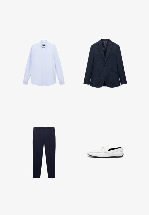 Námornícky modrý blejzer s textúrovanou látkou, s jedným gombíkom, klopovými lapeľmi a dvoma prednými vreckami na nášivku. Podšívka vnútra.; Svetlomodrá košeľa s dlhým rukávom a gombíkmi, s klasickým golierom, rovnými okrajmi a jemnou textúrou. Obsahuje centrálny gombíkový zapínací systém.; Námornícky modré nohavice z hladkej látky, s rovnom strihom, štandardným pásom s gombíkom a diskrétnymi bočnými vreckami.; Biele kožené loafers s hladkým povrchom, so šitým akcentom, zaoblenou špičkou a čiernou gumovou podrážkou pre lepšiu priľnavosť.
