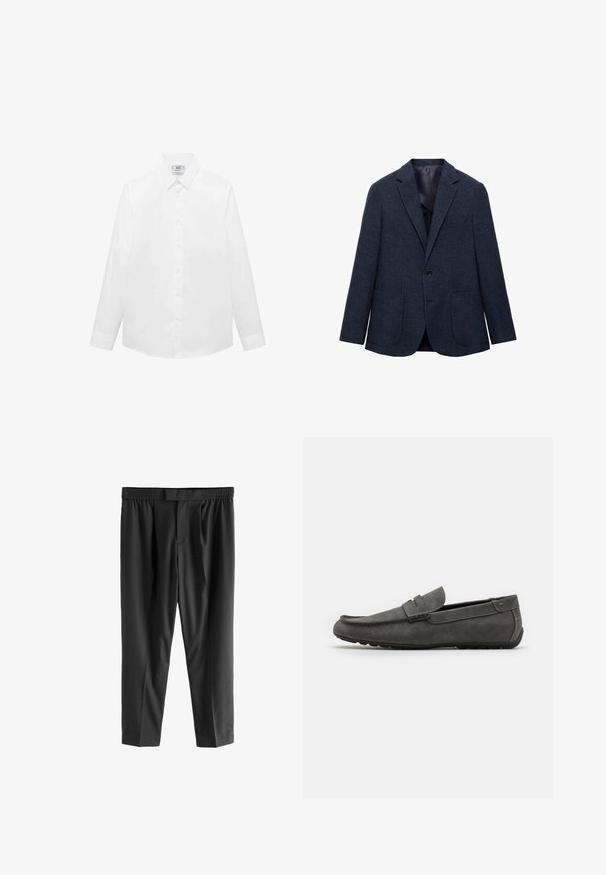 Marineblauwe blazer van een gestructureerde stof, met een enkele knoopsluiting, notch-revers en twee voorste opgestikte zakken. Gevoerde binnenkant.; Witte langlopende shirt met lange mouwen, gemaakt van gladde stof, met een klassieke kraag, knoopsluiting en een gebogen zoom. Minimalistisch ontwerp zonder patronen.; Next REGULAR FIT -CHECK SMART - Chino - black; Grijze suède instapper met een ronde neus, gestikte details en een platte rubberen zool. De schoen heeft een zachte textuur en een accent van een voorste band.