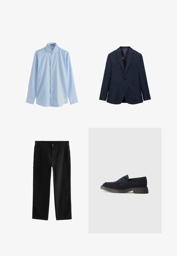 Blazer blu navy in tessuto texturizzato, chiusura con un bottone, rever a lancia e due tasche davanti a toppa. Fodera interna.; Camicia a maniche lunghe azzurro chiaro con bottoni, realizzata in tessuto morbido, con colletto a punta e sette bottoni frontali, caratterizzata da una vestibilità rilassata e maniche con polsini.; Pantaloni in cotone neri con design a gamba dritta, caratterizzati da una chiusura frontale con bottone, tasche laterali angolate e dettagli di cucitura discreti.; Mocassini in suede blu navy con punta arrotondata, cuciture decorative e suola in gomma con una leggera elevazione. Materiale e design durevoli.