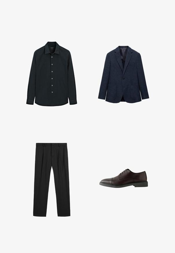 Marineblauer Blazer aus strukturiertem Stoff, mit Einzelknopfverschluss, Reverskragen und zwei aufgesetzten Taschen vorne. Gefüttertes Innenfutter.; Schwarzes langärmliges Hemd mit Knopfverschluss und Kragen, sieben Knöpfe auf der Vorderseite und Manschetten, auf weißem Hintergrund präsentiert.; Schwarze plissierte Hose aus einem glatten Stoff, mit einem traditionellen Bund und geradem Bein. Keine sichtbaren Muster oder Metallteile.; Dunkelburgunderfarbener Leder-Schnürschuh mit abgerundetem Zehenbereich, flacher schwarzer Sohle, minimalen Nähdetails und glatter Textur.