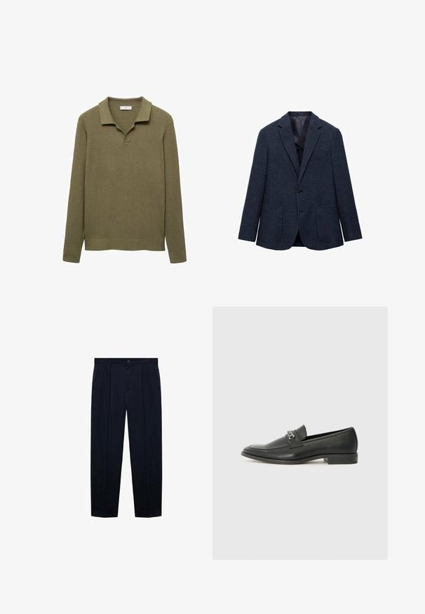 Tummansininen bleiseri, jossa on teksturoitu kangas, yksi nappisuljenta, huolitellut kaulukset ja kaksi etupussia. Vuorattu sisus.; Oliivivärinen pitkähihainen polo-neule, jossa on ribbikä textures, V-pääntie ja käännetty kaulus. Yksinkertainen, suora leikkaus.; Tummansininen, tasapintainen housu, joka on valmistettu kevyestä, sileästä kankaasta; siinä on nappikiinnitys ja kaksi sivutaskua.; Musta nahkakengät, joissa on sileä pinta, koristeelliset ompeleet ja metalliketjun yksityiskohta kengän päällä. Littee korko.