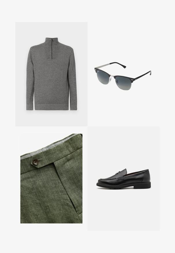 Kohvane ruuduline bleiser, millel on notšitud krae, kaks esikot ja ühe nupu sulgemine. Tekstuuriga kangas lisab kujundusele sügavust.; Halli harjast kootud särk pikkade varrukatega ja veerandi tõmblukuga kõrge kraega, asetatud lamedale valgele taustale.; Oliivroheline linane pükste, millel on ees armas nägus, nupuga kinnitus ja kontrastne kareda joonega vooder vöökohal.; Mustad sünteetilised loaferid mustas värvuses, eristuva õmmeldud esiosaga, pehme siseosaga ja lameda kummitaldiga; voolav disain minimaalse kaunistusega.; Must ja hõbedased prillid, kellel on kassisilma kuju, gradueeritud objektiivid ja metallist aktsendid raamil. Plastikust käed hallide otstega.