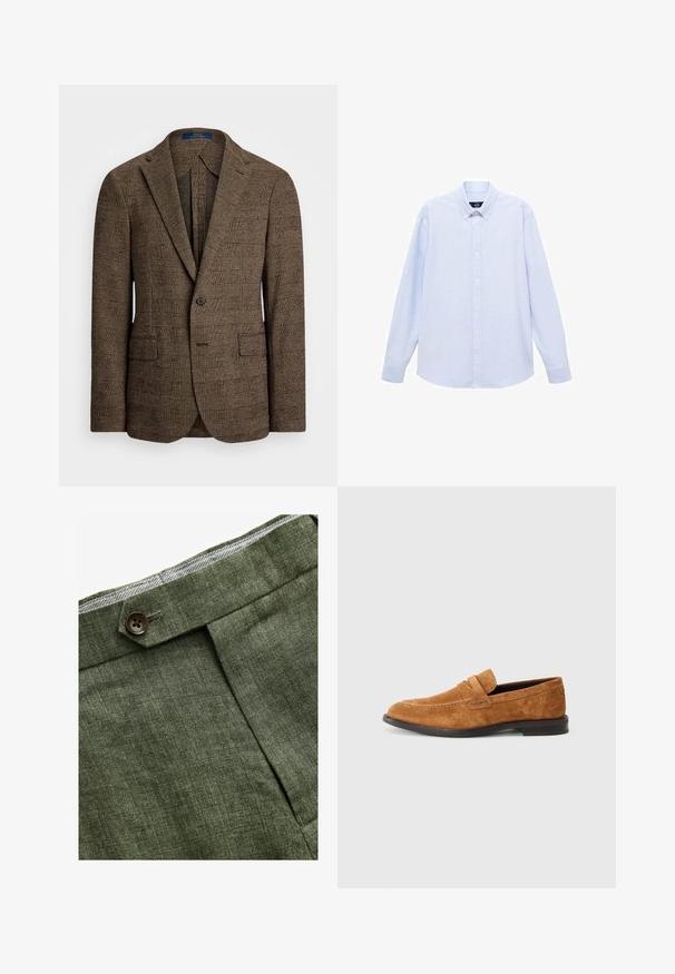 Blazer a scacchi marrone con revers a punta, due tasche frontali e chiusura con un solo bottone. Il tessuto testurizzato aggiunge profondità al design.; Camicia azzurra a maniche lunghe con colletto classico, orlo dritto e una trama sottile. Presenta una chiusura centrale con bottoni.; Pantaloni in lino verde oliva con piega frontale, dotati di chiusura con bottone e una fodera a quadretti a contrasto nella cintura.; Mocassini in suede marrone con punta arrotondata, caratterizzati da cuciture decorative, una fascia elastica sulla parte superiore del piede e una suola in gomma piatta.
