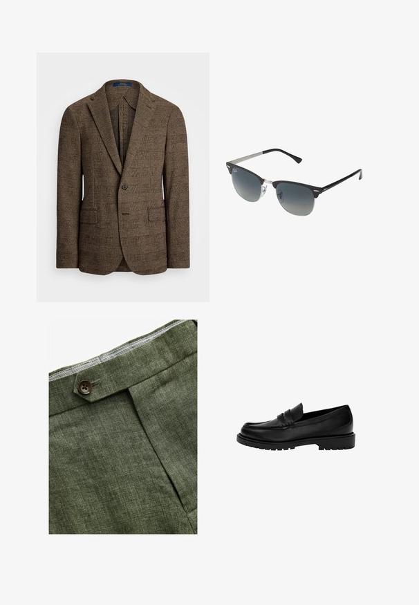 Brun ternet blazer med skrålapel, to frontlommer og enkeltknaplukning. Den strukturerede stof giver dybde til designet.; Lyseblå langærmet skjorte med knapper og klassisk krave, lige bund og subtil tekstur. Har en central knaplukning.; Olivenfarvede linnedbukser med en frontfold, prydet med en knaplukning og et kontrastfarvet ternet for i taljebåndet.; Sorte læder loafers med rund tå, der har et design med to striber, tekstureret syning og en kraftig gummisål.; Sorte og sølv solbriller med katteøje-form, gradient linser og metalliske detaljer på rammen. Plastiske arme med grå spidser.