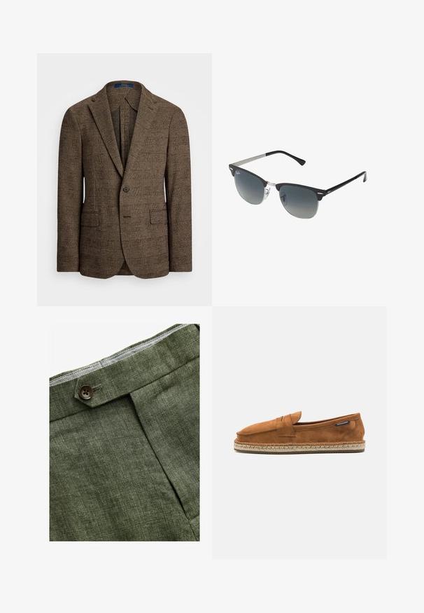 Hnědý kostkovaný blejzr s klopou, dvěma předními kapsami a jedním knoflíkovým zapínáním. Texturovaná tkanina dodává designu hloubku.; Světle modrá košile s dlouhým rukávem a klasickým límcem, rovný lem a jemná textura. Má centrální uzávěr na knoflíky.; Olivově zelené lněné kalhoty s předním záhybem, vybavené zapínáním na knoflík a kontrastní kostkovanou podšívkou v pase.; Hnědá nubuková nazouvací bota s zaoblenou špičkou, která má pletenou juty podešev a malý dekorativní pásek přes přední část.; Černé a stříbrné sluneční brýle ve tvaru kočičích očí, se stupňovitými skly a kovovými detaily na rámu. Plastové nožičky s šedými konci.