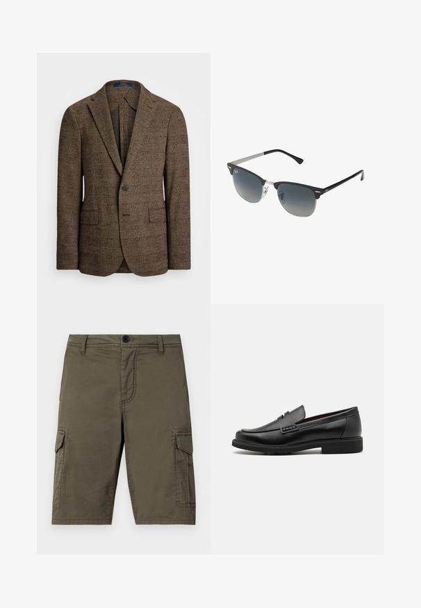 Hnědý kostkovaný blejzr s klopou, dvěma předními kapsami a jedním knoflíkovým zapínáním. Texturovaná tkanina dodává designu hloubku.; Světle modrá košile s dlouhým rukávem a klasickým límcem, rovný lem a jemná textura. Má centrální uzávěr na knoflíky.; Olivově zelené cargo šortky z texturované látky s dvěma bočními kapsami a předním zapínáním na knoflík. Střední délka s rovný střihem.; Černé syntetické mokasíny s výrazně prošívanou špicí, měkkou stélkou a plochou gumovou podrážkou; elegantní design s minimálním zdobením.; Černé a stříbrné sluneční brýle ve tvaru kočičích očí, se stupňovitými skly a kovovými detaily na rámu. Plastové nožičky s šedými konci.